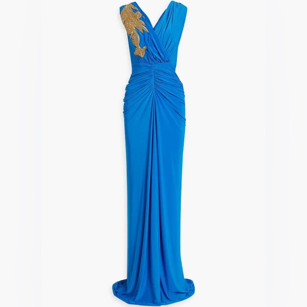 WORN ONCE cobalt blue evening gown with gold embellishments!